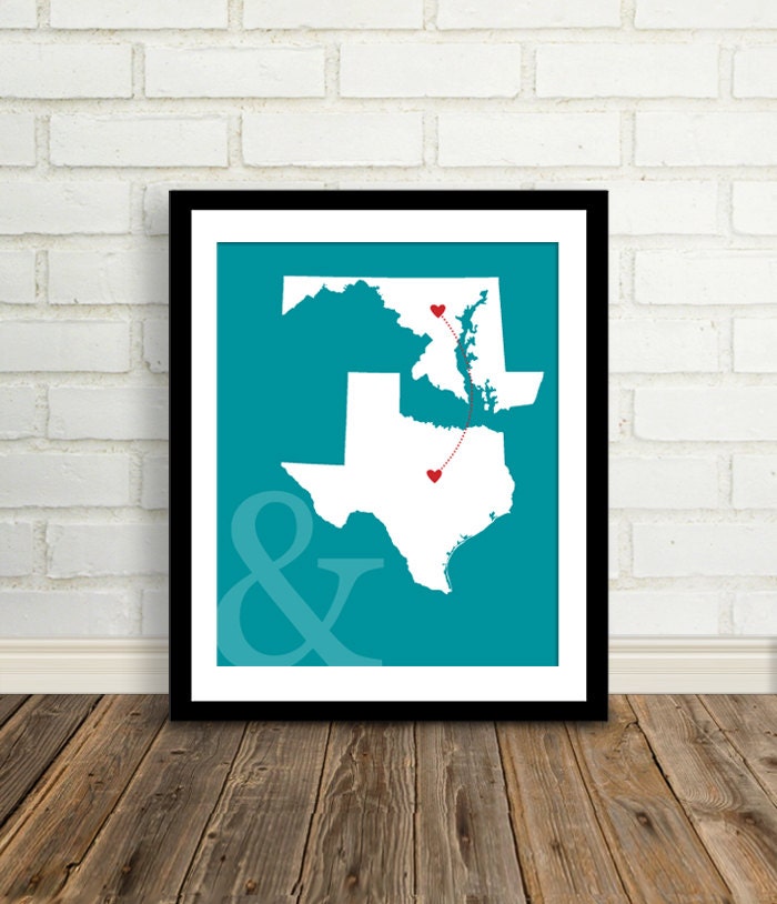 Tell Your Story - State Map : Custom Engagement Gift  - 8x10 / Bridal Shower Present - Two states, love map - Newlywed gift