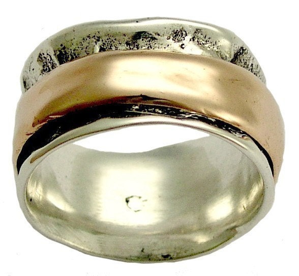 Men's Wedding band - oxidized Sterling silver with rose gold spinning, meditation, wide band - Eternity.