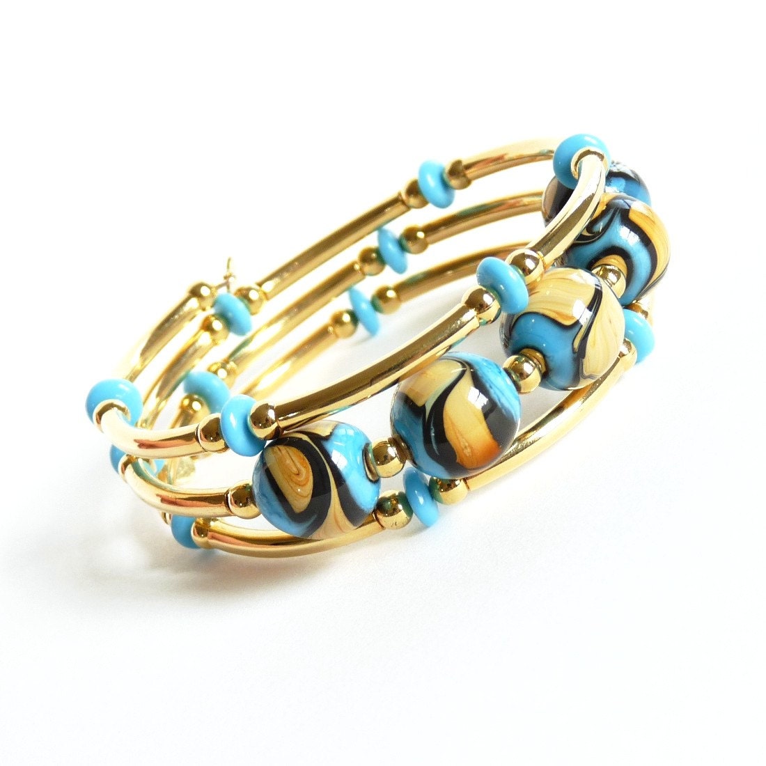 Turquoise blue Lampwork ,Gold Memory Wire Bracelet, Handmade Jewelry