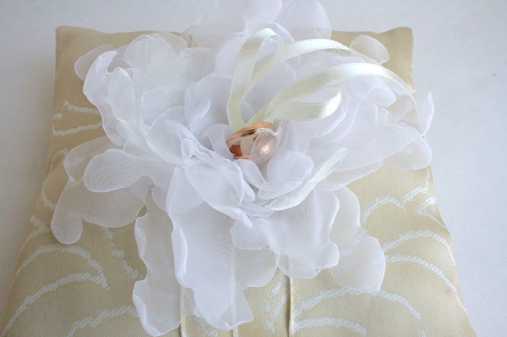 Beige  Wedding pillow with white flower---wedding rings pillow , wedding pillow---FREE SHIPPING
