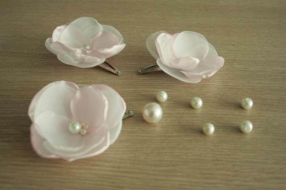 Wedding time--3 pink /white  flowers --for Bride, bridesmaid and flower girl---head piece, hair  pins