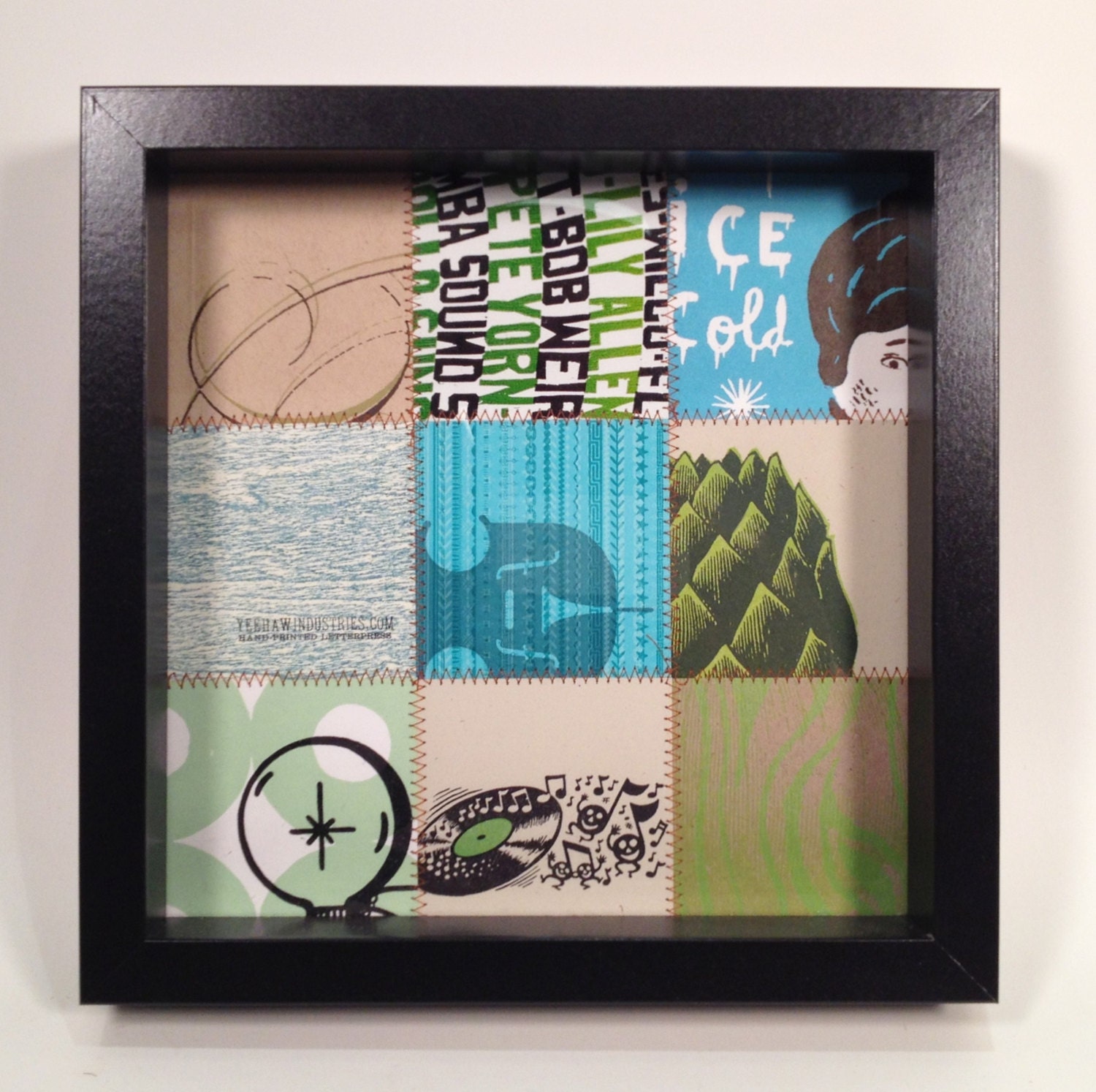 SEWN PAPER QUILT black no.22 (9"x9") Framed, Hand Printed, Stitched Monoprint Square Letterpress