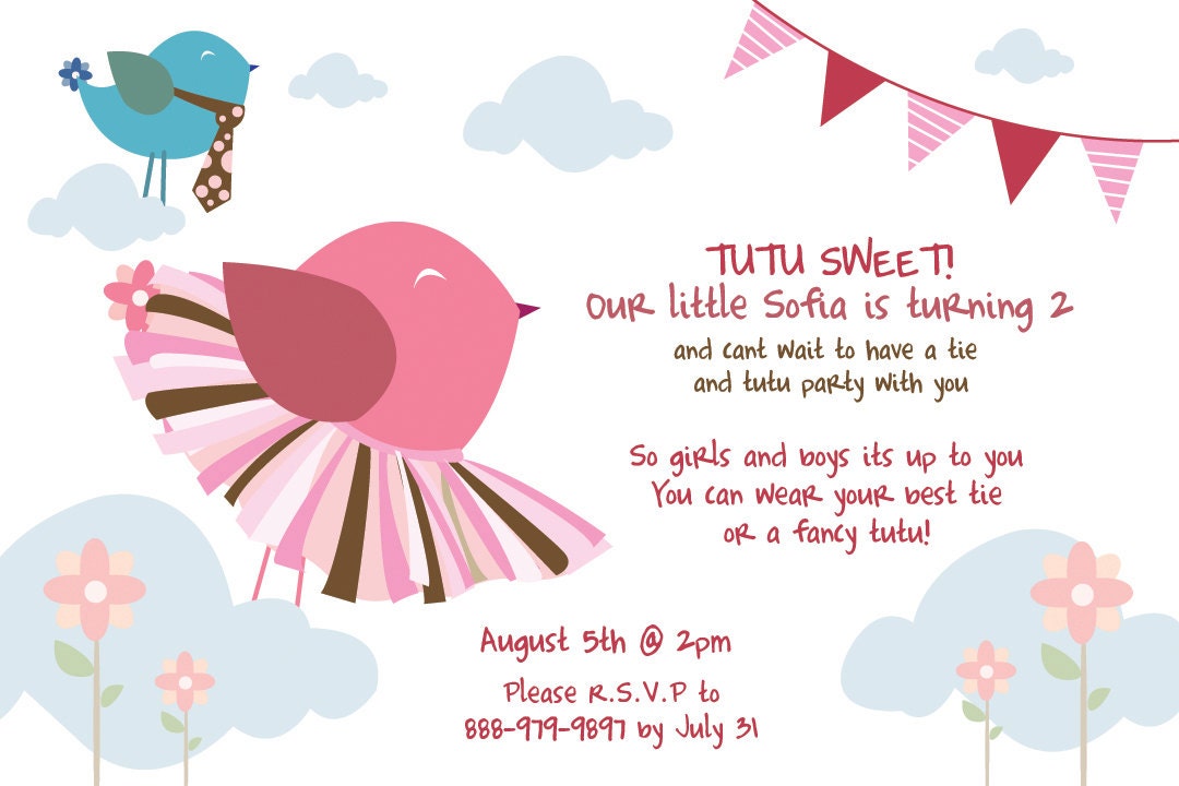 Printable Pink bird custom tutu tie birthday party invitation