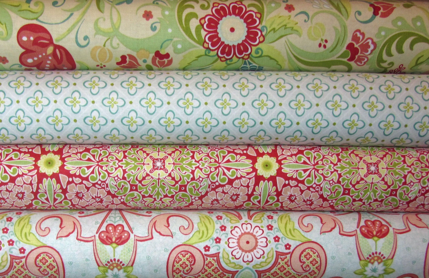 4 Fat Quarters Bonjour Grande Dame Red Aqua by Amanda Murphy  Blend Designer Fabric