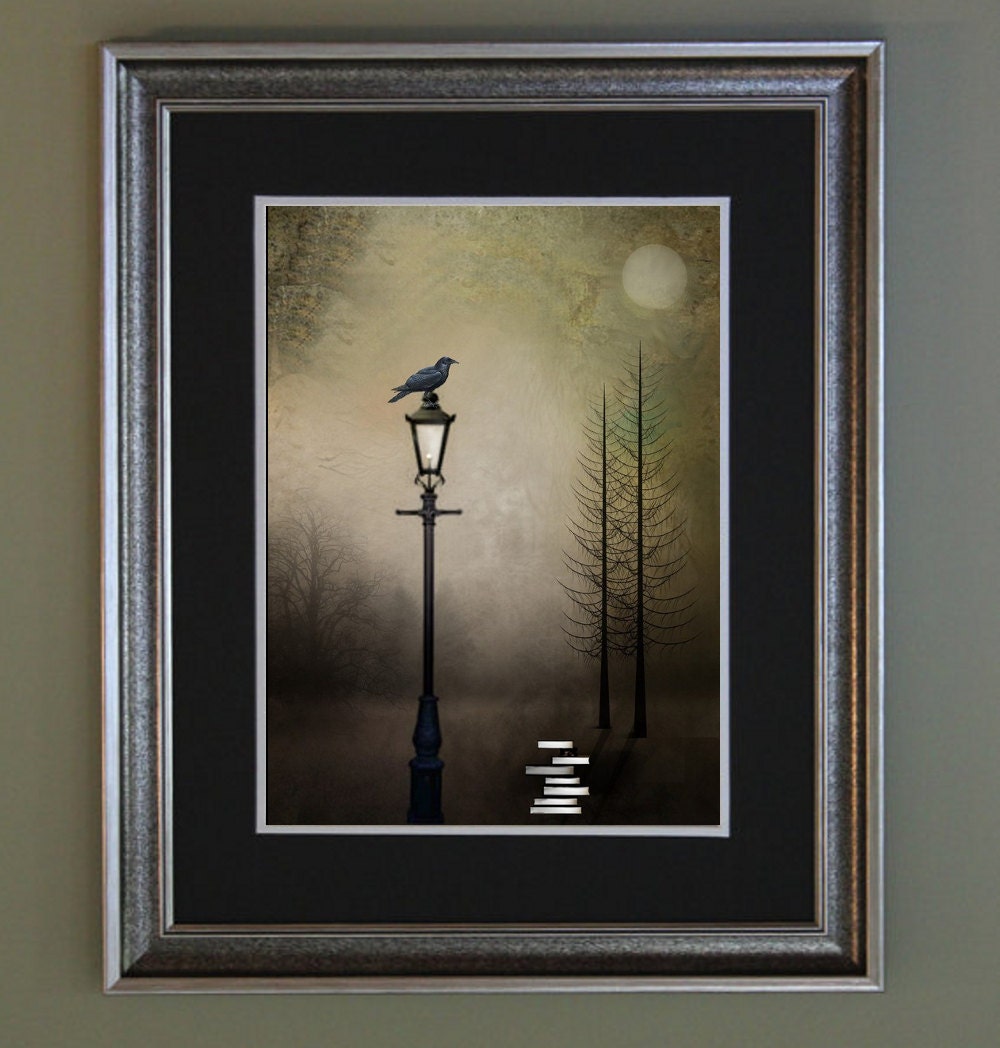Poe Inspired Dark Art - Surreal Landscape Art Print -- Quote the Raven -- 8 x 10 -- Books - Street Lamp