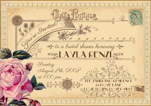 Evangeline - Vintage Victorian French Rose and Typography - Printable DIY Wedding Bridal Shower Postcard Invitations - Customized