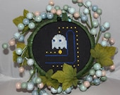 Cross-Stitch Pacman Ghost Blinky Framed in Power Pellets