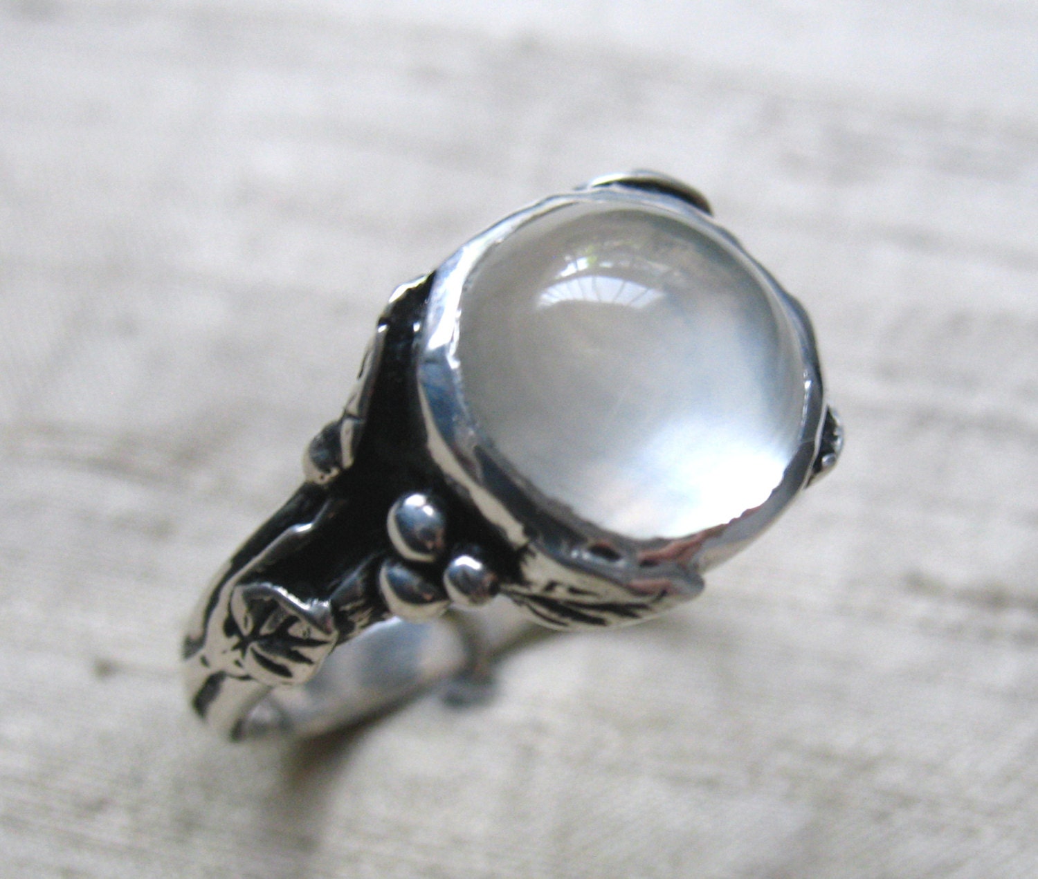White Moonstone and Sterling Woodland Vine Ring