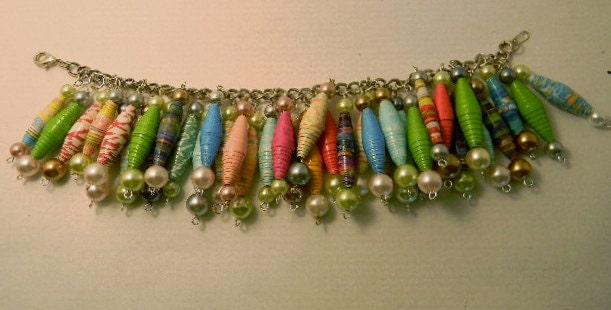 Recycled Paper Beads Mixed Media Charm Bracelet