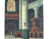 Mid Century Oil Painting - European Church Interior - Signed V. Kerkum
