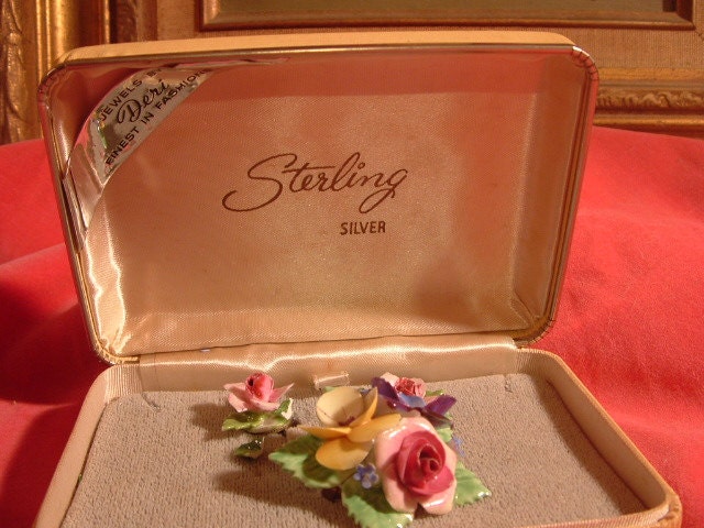 Beautiful Hand painted on china set-Roses/violets Pin/Brooch/Earrings-Staffordshirt England