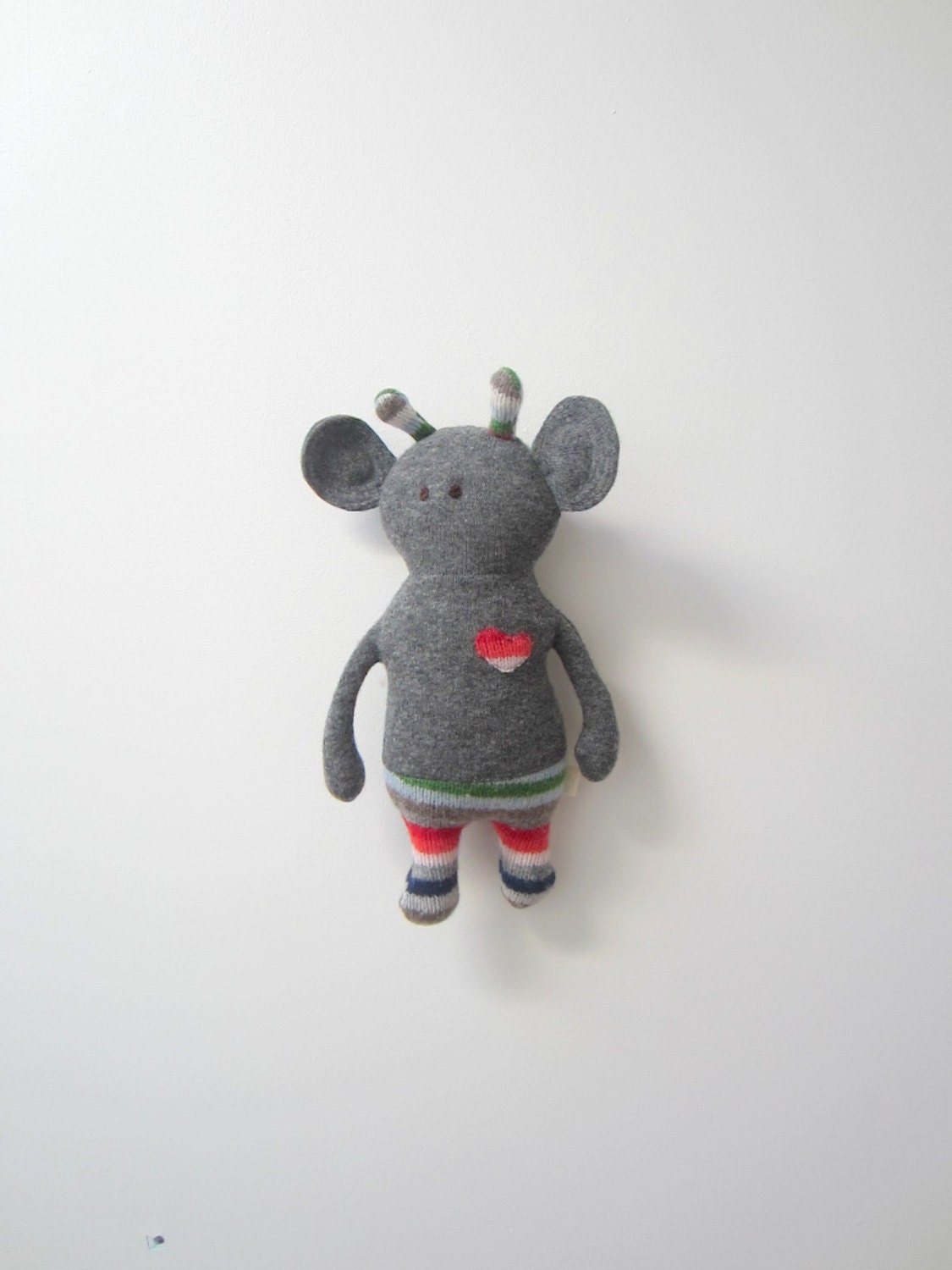 Boo Critter Monster OOAK doll eco friendly upcycled wool sweater Grey stripes soft collectors item