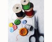 SEWING TIME still life vintage sewing tools print from my original oil painting