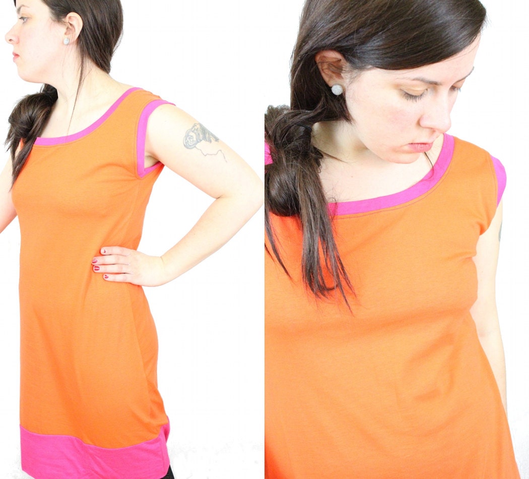 Womens Tangerine Orange and Hot Pink Color Block Neon Dress in Organic Cotton Jersey and Bamboo Rayon in MEDIUM// by Nicoles Threads