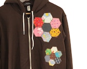 Womens Large American Apparel Hoodie in Chocolate Brown with Hexagon Floral Patchwork // by Nicoles Threads