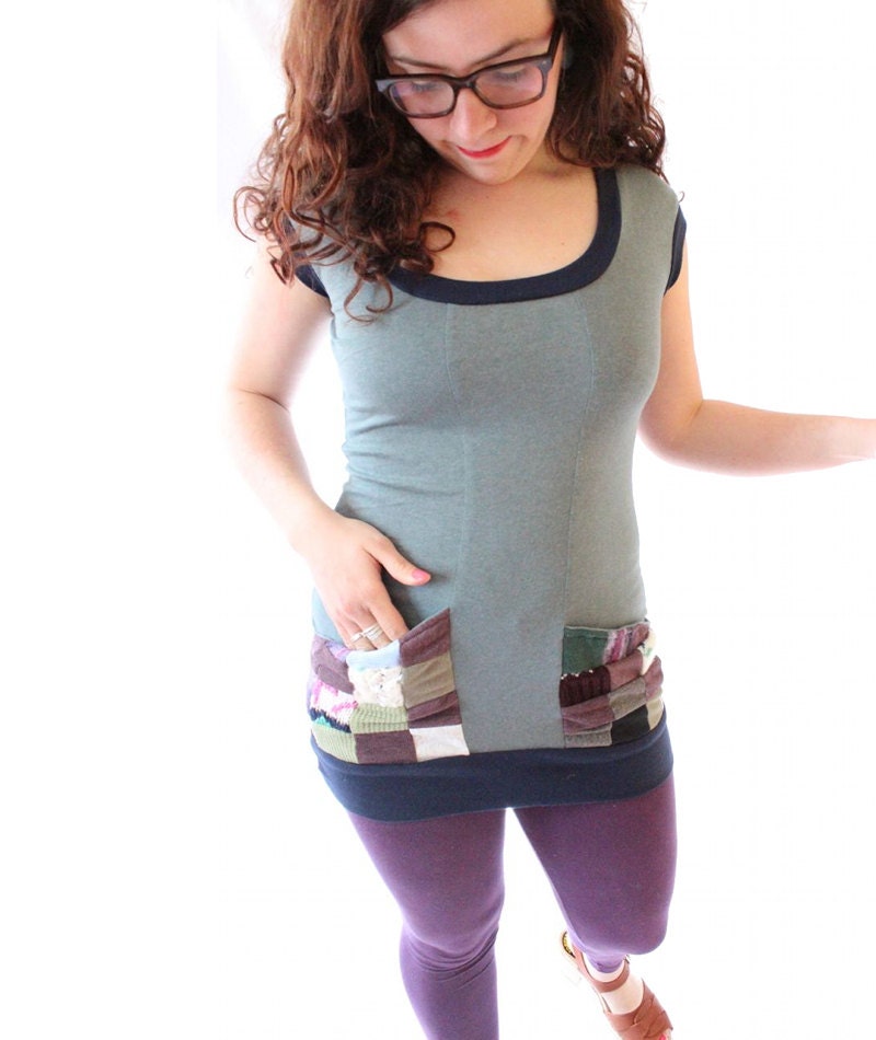 Womens Sea Blue Tunic with Patchwork Pockets Mini Dress Size X Small // One of a Kind // by Nicoles Threads