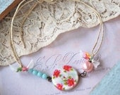 Shabby chic roses,beaded,friendship,fabric,string bracelet.Tiedupmemories