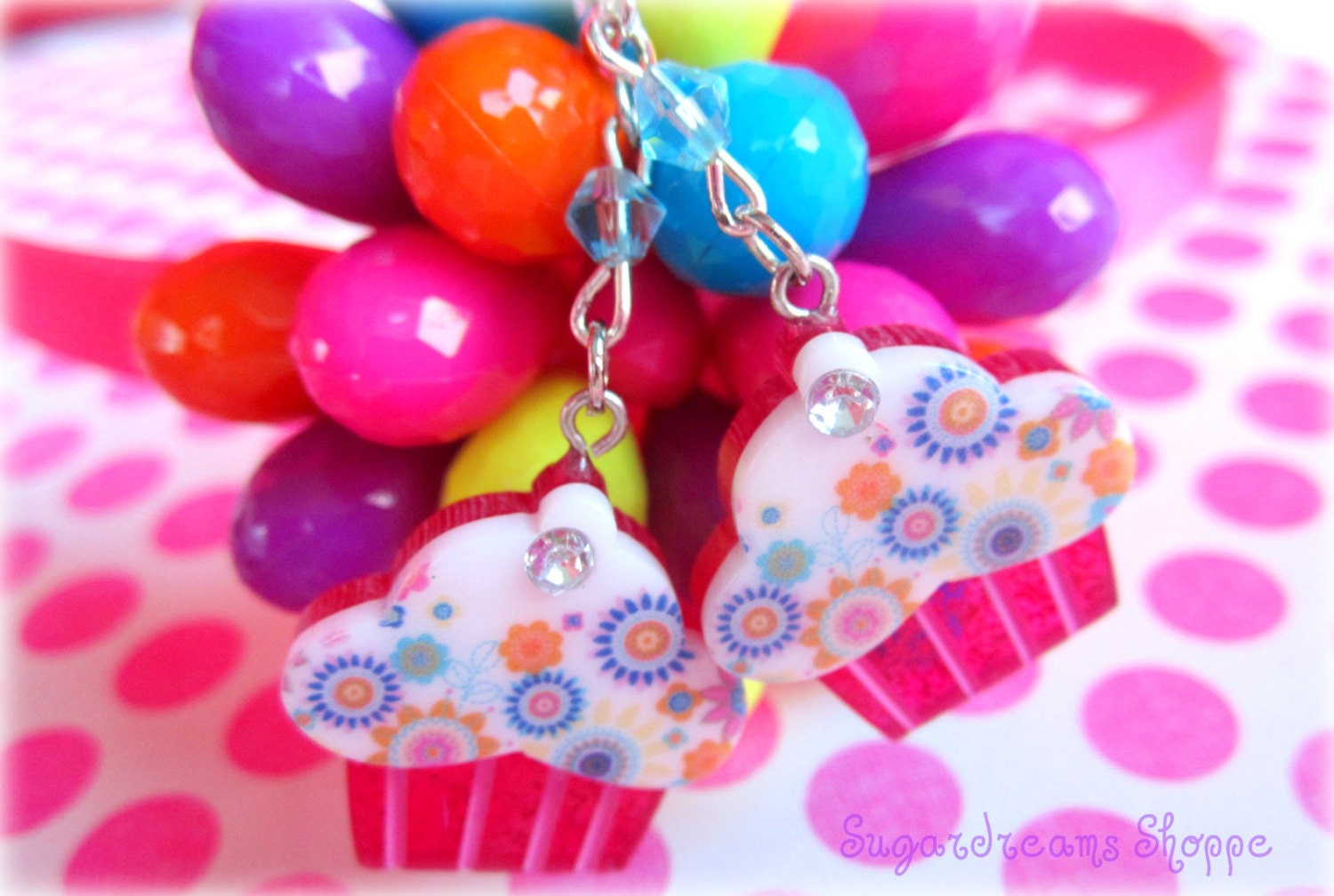 Confetti glitter cupcake dangle earrings with blue swarovski crystal and rhinestone cherry