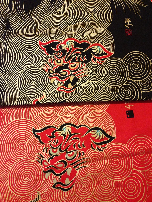 Alexander Henry Golden Shishi red and black Japanese cotton fabric half yard each