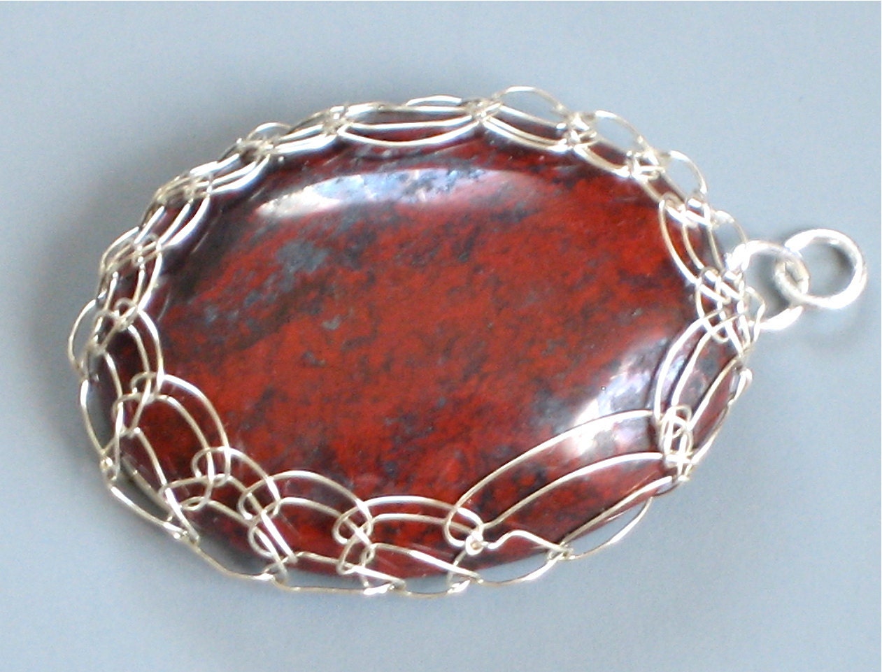 Silver Filled Viking Knit Wrapped Poppy Jasper Pendant