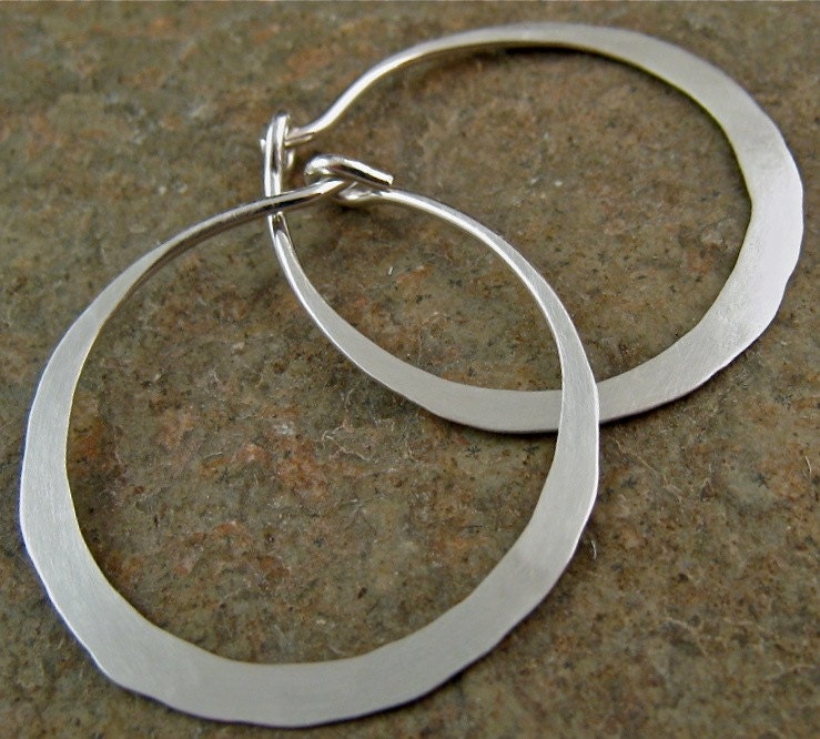 1 Inch Hammered Small Silver Hoop Earrings Matte Brushed Satin Finish Minimalist Sterling Silver Metalwork Jewelry Recycled Metal