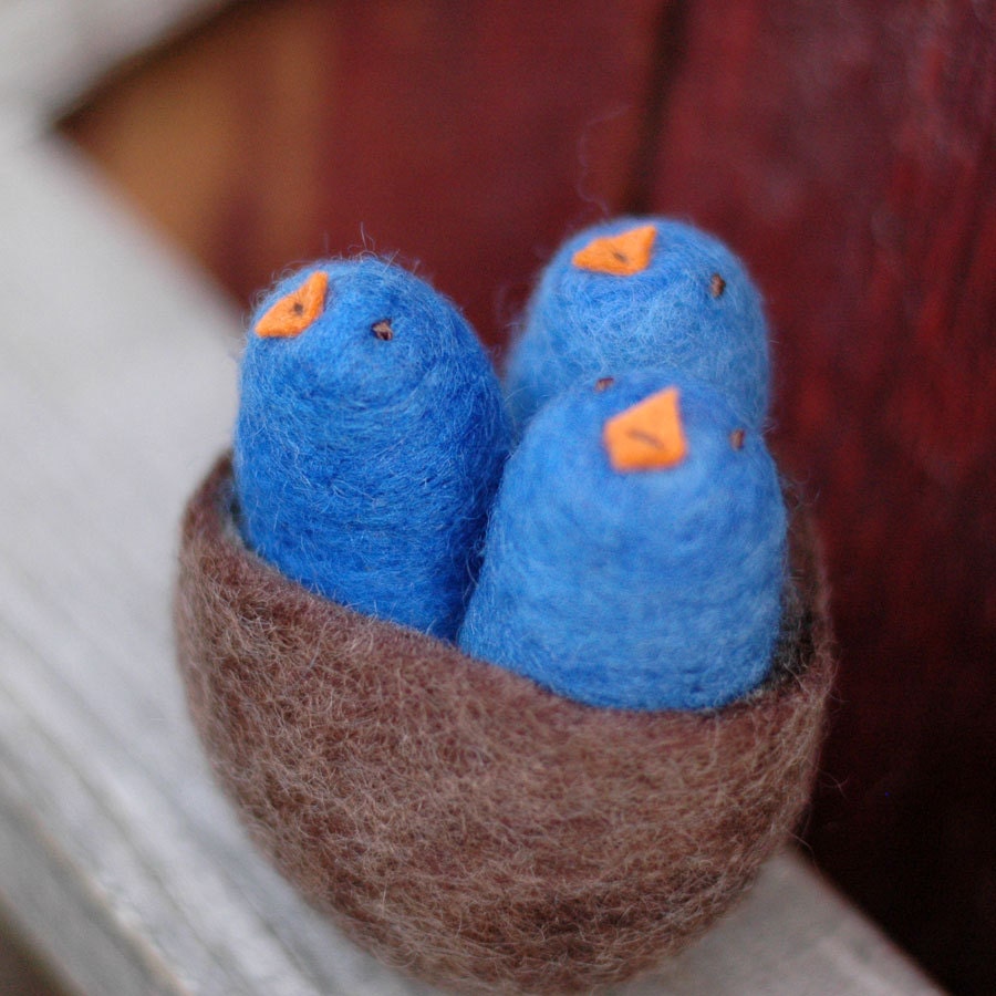 Baby Birds in a Nest - Felted Natural Toy in Blue
