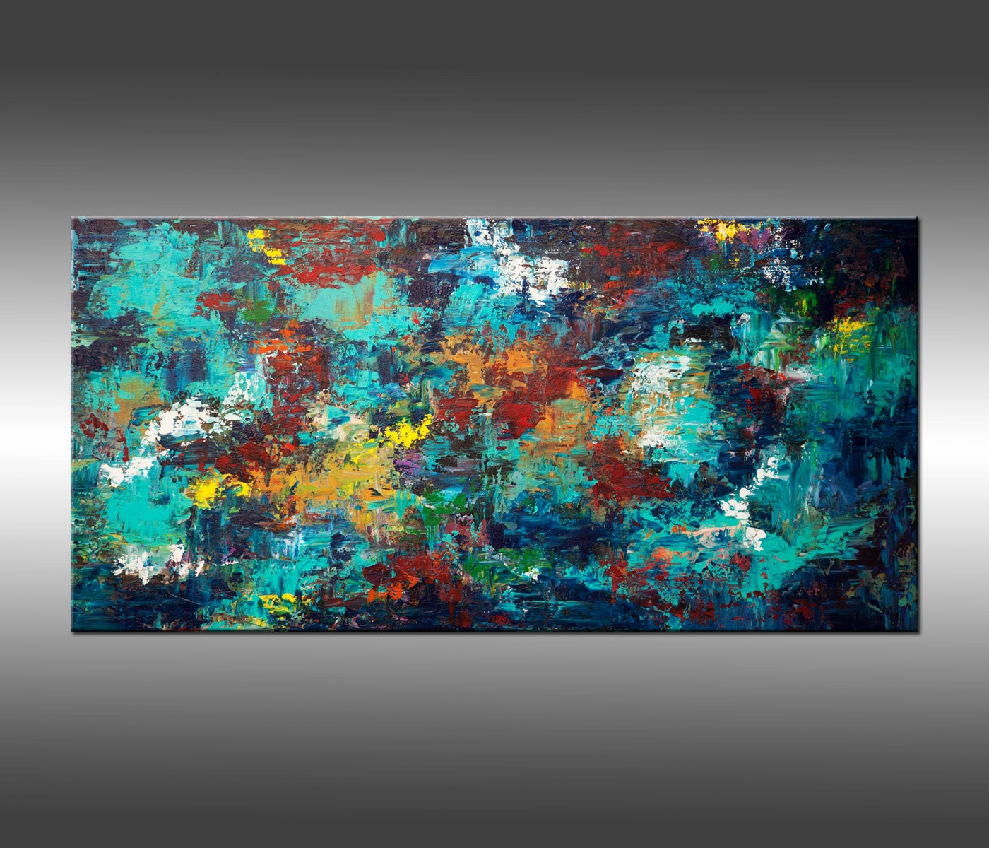 Title, Transcendence - 24x48 Inches, Modern Art Painting, Original Acrylic on Canvas, Red, Blue, Turquoise