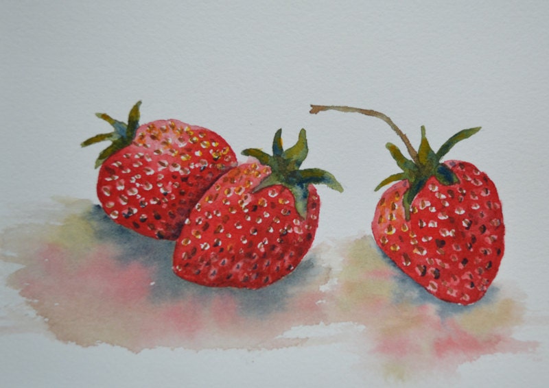 Strawberries-Small Original Watercolor Painting-Juicy Shadows-Still Life-Kitchen Art