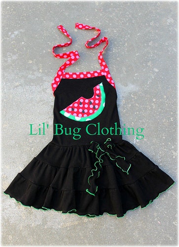 ON SALE NOW Summer Watermelon Comfy Black Knit Fruit Halter Dress Available in sizes 12m 18m 2T 3T 4T 5T 6 7 8 girl