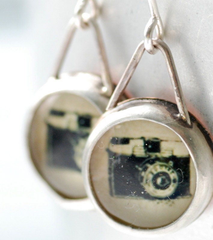 Vintage Camera Earrings, Fun Jewelry, Trendy Jewelry, Silver Earrings, Bezel Earrings, Black and White, Wild Woman Jewelry