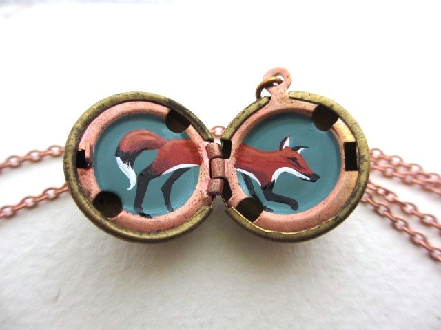 Fox Locket - Hand-Painted Necklace - Rusty Red and Dark Teal - One of a Kind Jewelry