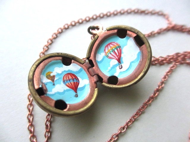 Hot Air Balloon Locket - Hand-painted Pendant Jewelry - Summer Skies with Bright Red, Pink and Yellow