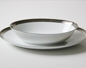 set of 2 large oval serving platter and bowl by Wincraft Saturn pattern white with platinum band excellent cond.