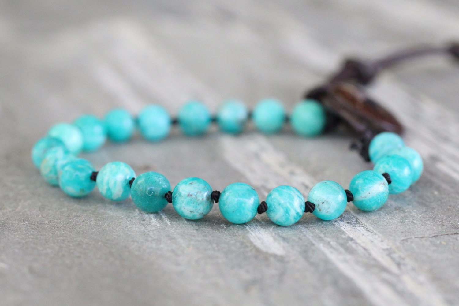 Russian Amazonite Knotted Silk Leather Wrap Bracelet. Brown and Aqua Blue Gemstone Bracelet. Coconut Shell Button
