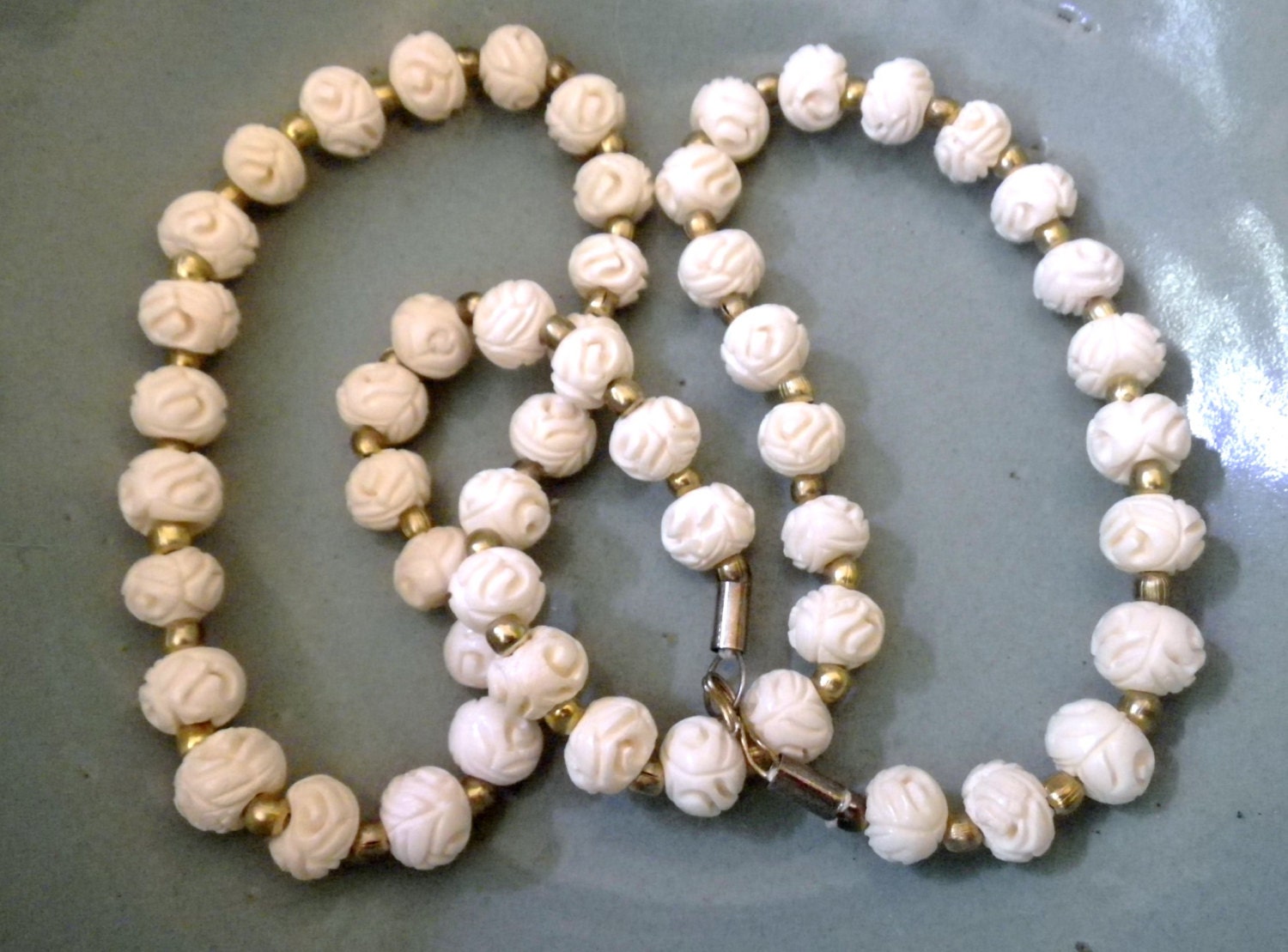 Carved Bone Bead Necklace Vintage 70s LONG