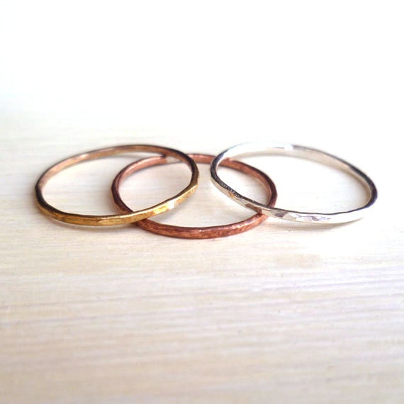 Stacked Rings - Sterling Silver - Brass - Copper - Hammered - Rustic - Textured - Mixed Metal - Stackable - Hipster Jewelry