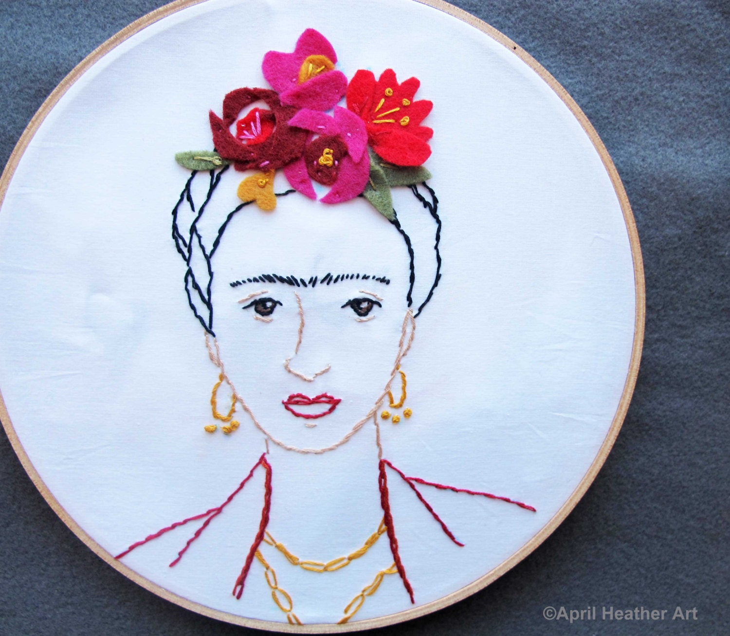 PDF Frida Kahlo embroidery pattern with felt flowers