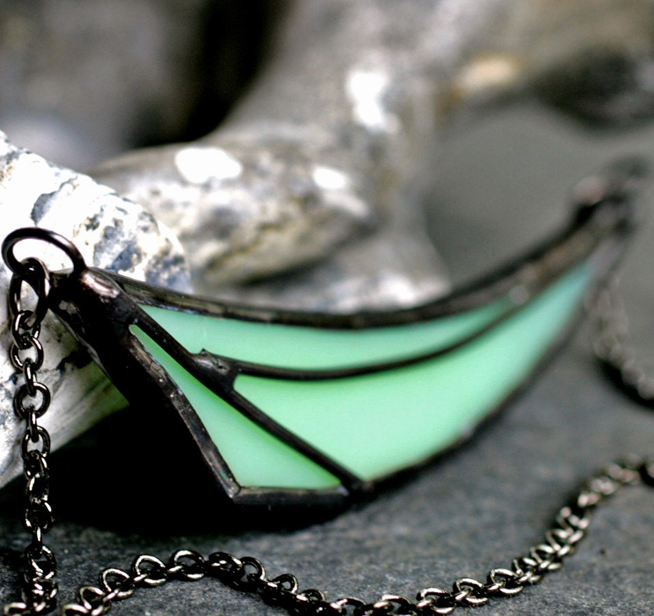 asymmetrical necklace mint green modern geo geometric stained glass bib gunmetal statement necklace seafoam jadite MINT GEO DART