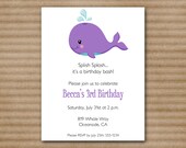 Whale Invitation / Whale Party / Under The Sea Party / Fish / Pool / Swim / Ocean / Sea / Girl - PRINTED / Printable PDF File Also Available