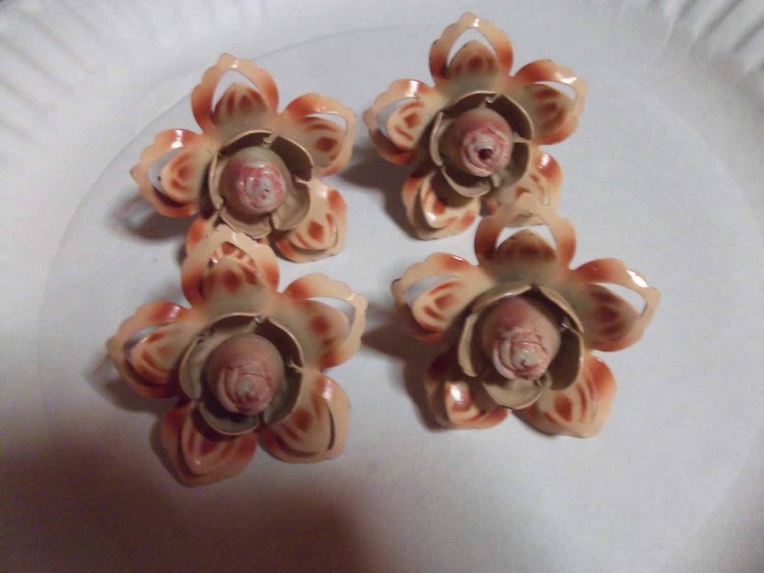 Vintage Pierced Floral Curtain Tie Back Tacks Orange enamel On metal