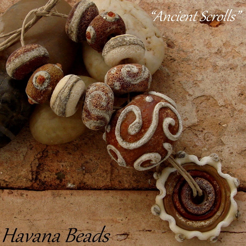 ANCIENT SCROLLS - Large Hollow Focal Bead, Ring and 8 Coordinating Beads - 10 Beads Total