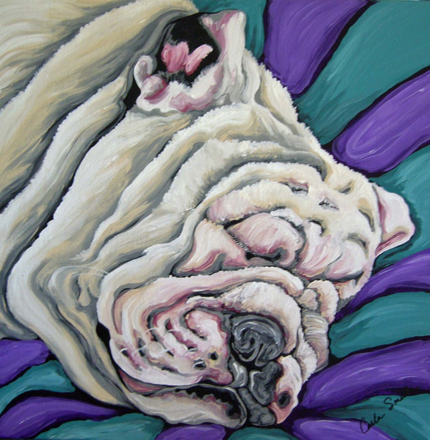 Sleepy White  English Bulldog Original Dog Art Canvas Painting 16 x 16 -Carla Smale