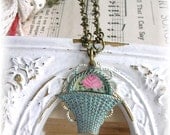 Basket of Pink Roses Floral Necklace Lacey Cameo Aqua Patina Pendant Painted Art OOAK
