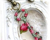 Antique Skeleton Key Hand Painted Red Roses Purse Pull Necklace Bag Charm Shabby Chic