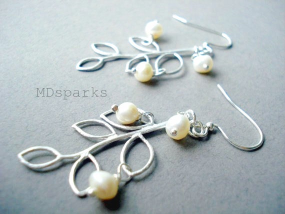 Silver Leaf Earrings with Freshwater Pearls