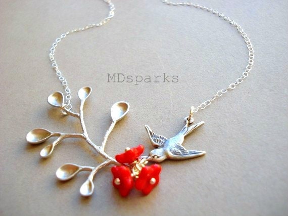 Silver Branch Necklace with Red Poppies