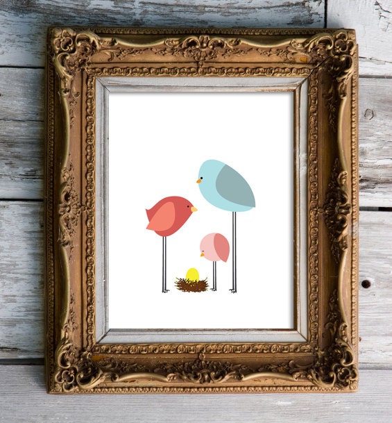 birdie parents & toddler single egg  - nursery art print