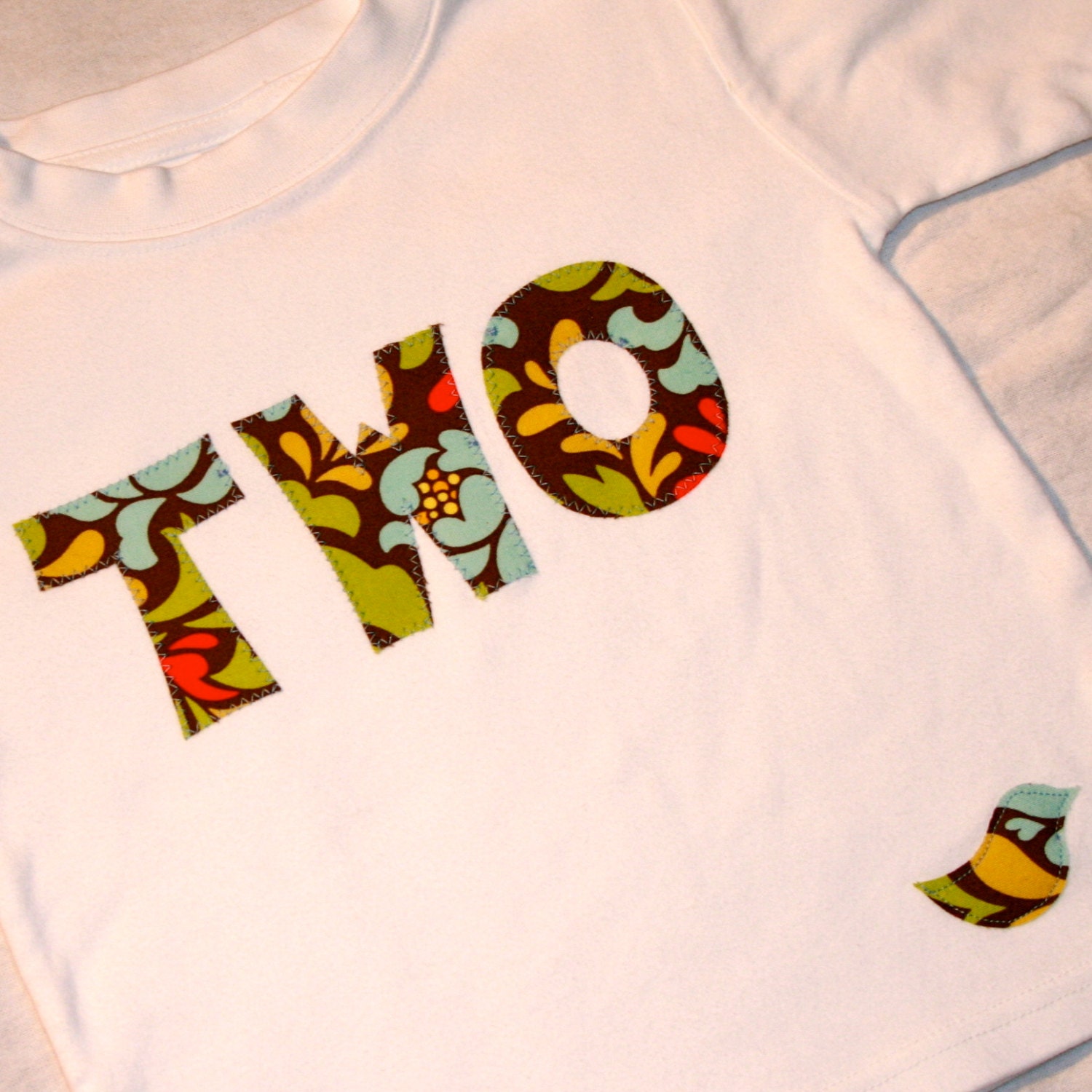 Girls Second Birthday TWO shirt - 2T short sleeved - lettering in brown blue yellow green red Pop Garden fabrics