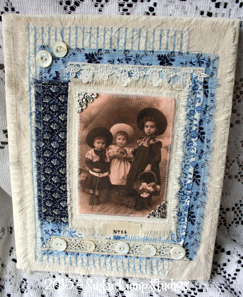 Morning Glory Blue Fabric Collage with sweet vintage image 8 x 10 mounted on canvas