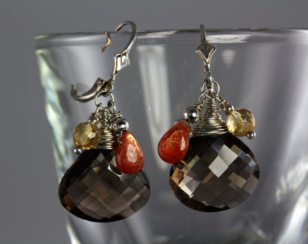 Smokey Quartz, Sunstone, Citrine Drop Earrings